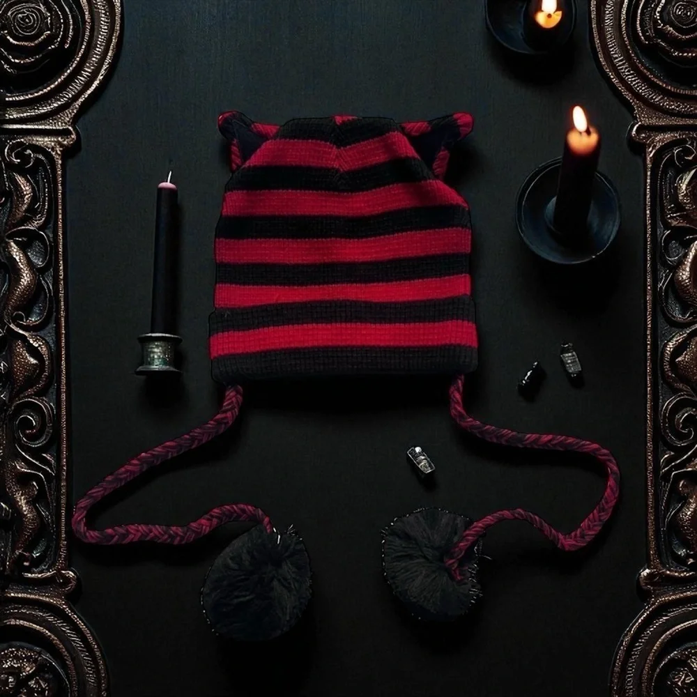 Dolls Kill The Grave Girls Cat Be Serious Striped Knit Beanie New
